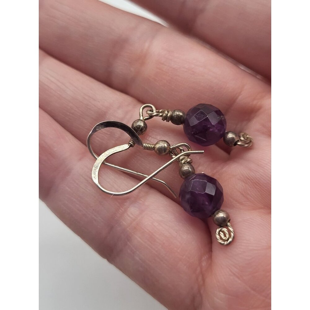 VTG 925 Sterling Silver and Amethyst Faceted Bead Dangle Drop Earrings - Picture 8 of 8